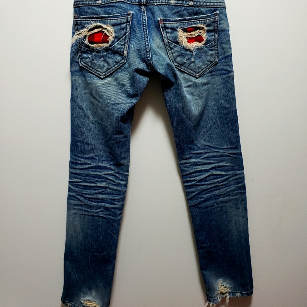 Thinuni Jeans  Denim Distressed Red Plaid Back  Pockets S-25